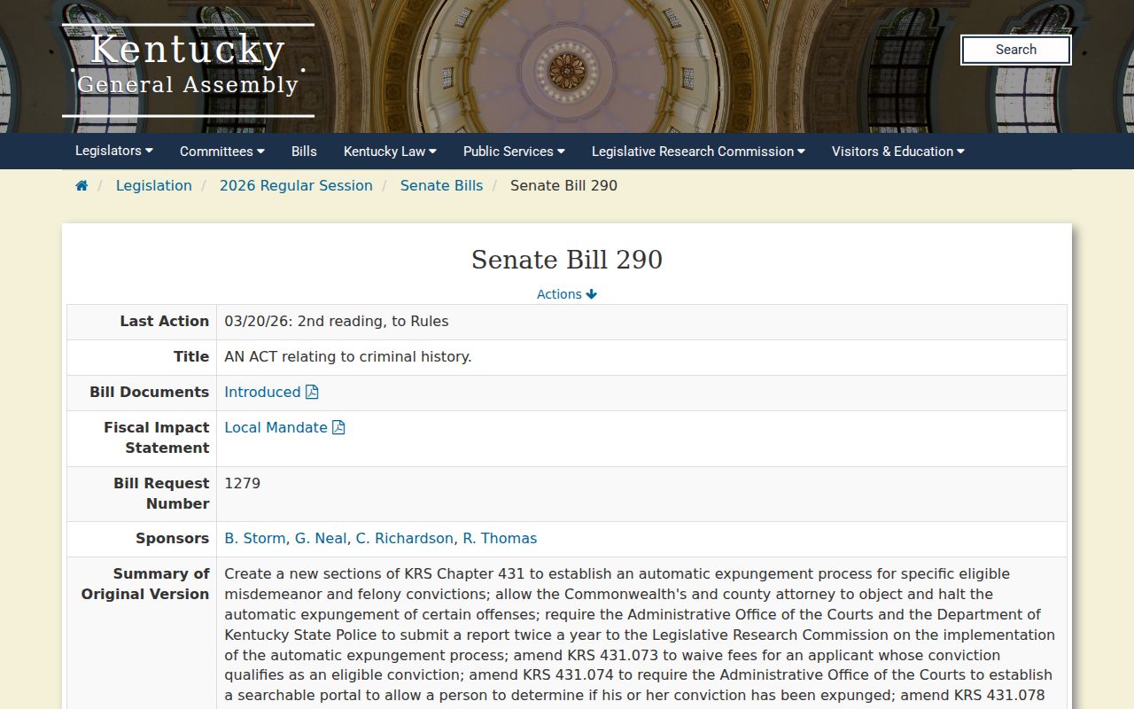 Fleming County arrest record and 2026 Kentucky expungement proposal source