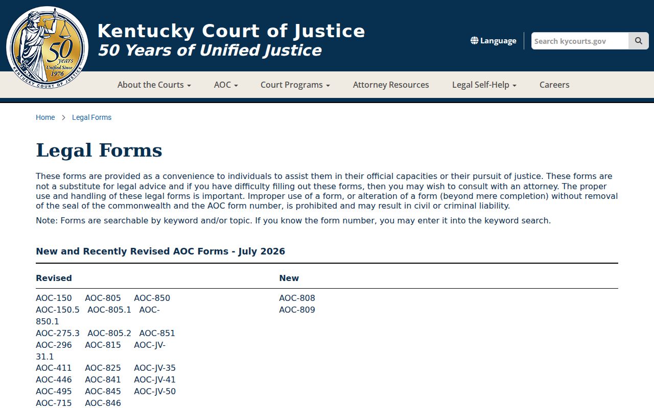 Kentucky court forms used with Fleming County criminal case records